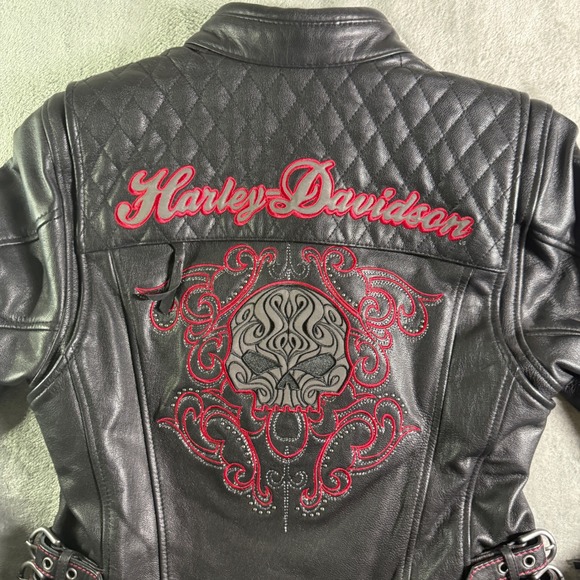 Harley Davidson Womens Black Leather Motorcycle Jacket Skull Rhinestone Size Sm - Picture 11 of 14